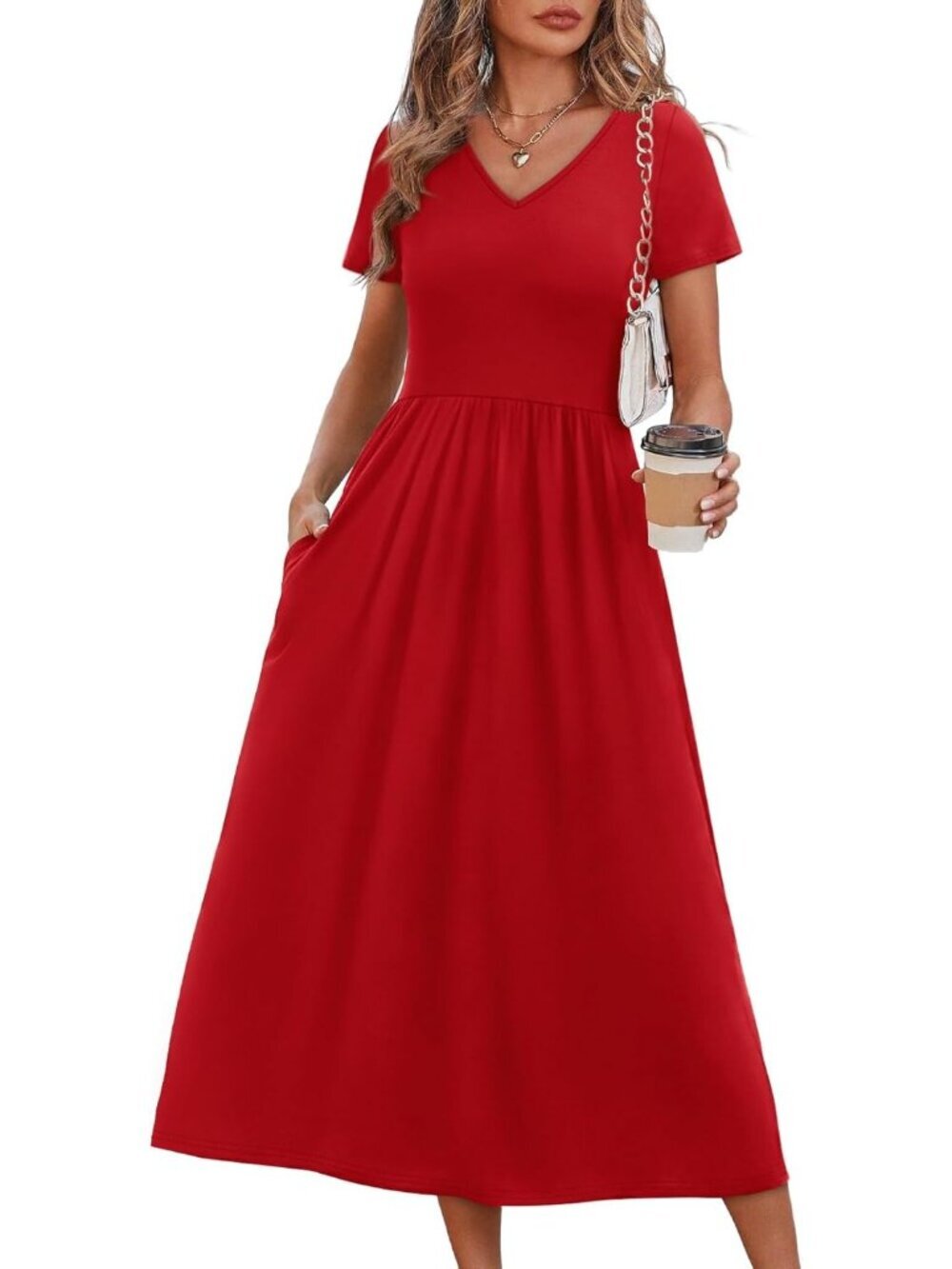 Women's Solid Red Flowy Casual A Line Midi Beach Sundresses With Pocket